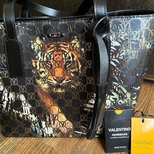 Valentino Tote 15"W x 12"H - Genuine Leather, Black w/Gold Tiger Background.